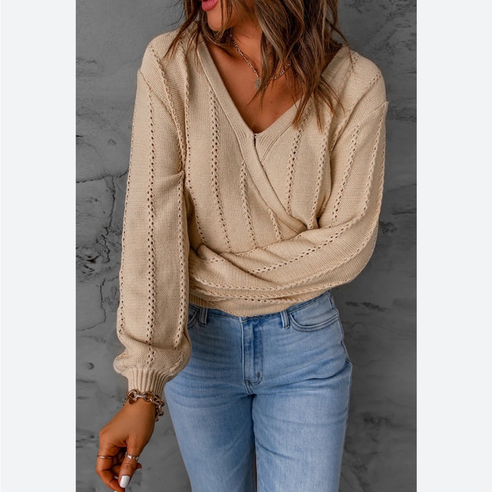 Apricot Hollow-Out V-Neck Pullover Sweater, Size S, NWOT